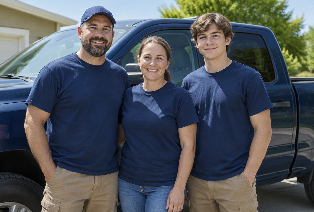 The family crew of Rod's Junk Removal standing in front of their truck